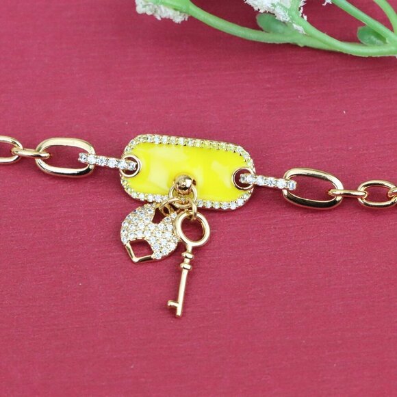 "Rose Gold Bracelet with Yellow Charm and Crystal Lock & Key, XPBL0890 - Picture 11 of 12